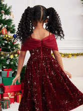 Young Girl's And Young Girl's Elegant Glamorous Pearl & Sequin Embroidered Open Shoulder Party Dress, Suitable For Christmas